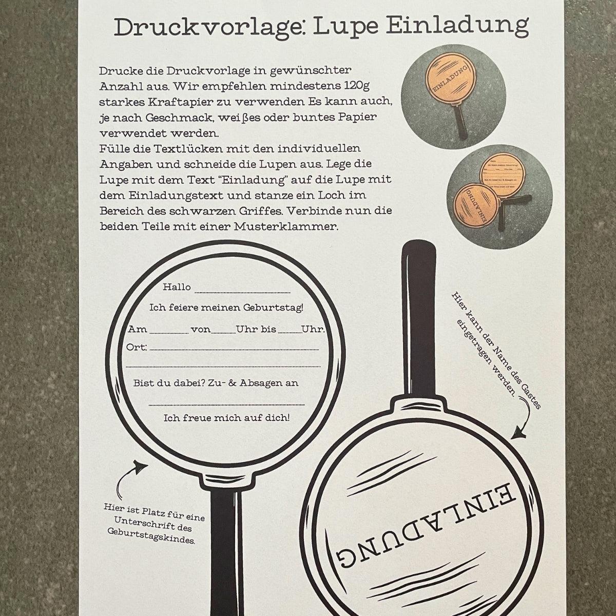 Druckvorlage Einladung Detektiv Lupe