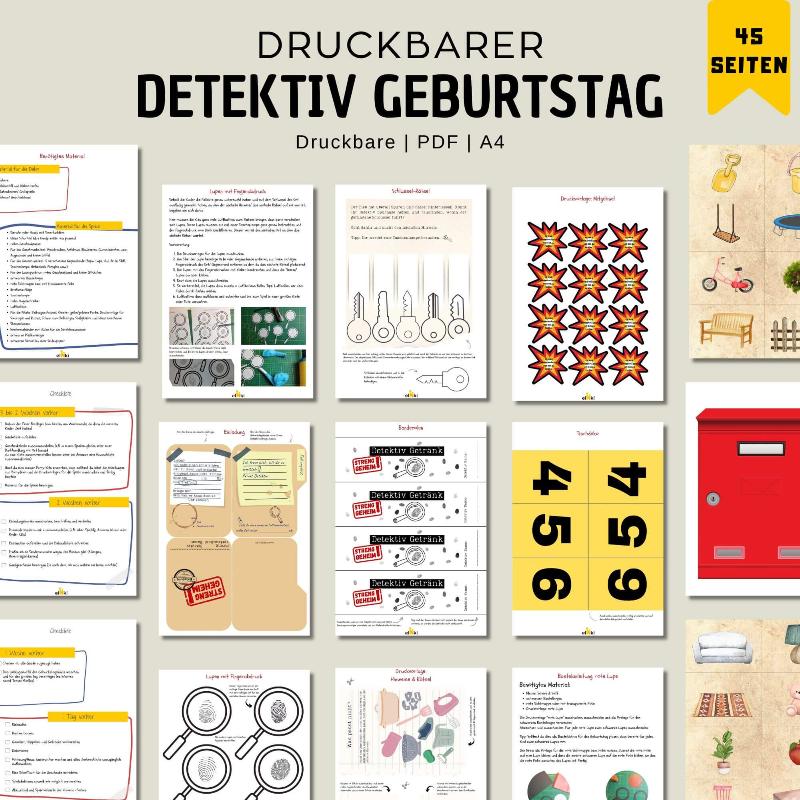 Detektiv Kindergeburtstag Party Set – Zum Ausdrucken und Geheimnisse lüften - Übersicht PDF