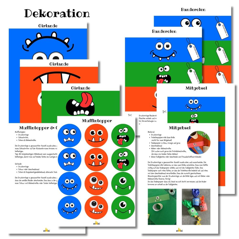 Monster Kindergeburtstag Party Set – Zum Ausdrucken und Monster-Spaß haben - Übersicht Dekoration PDF