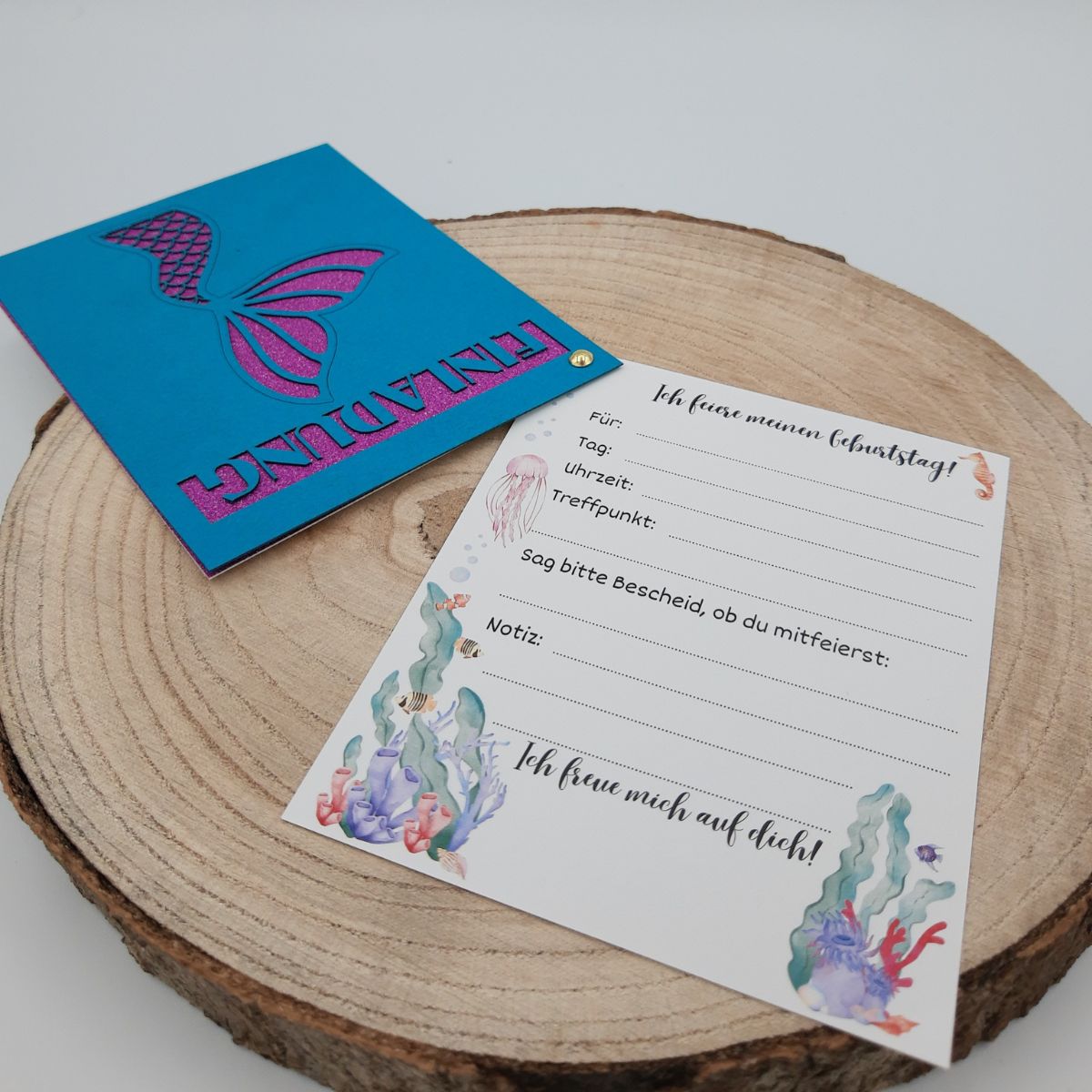 Einladungskarte Meerjungfrau pink/türkisblau
