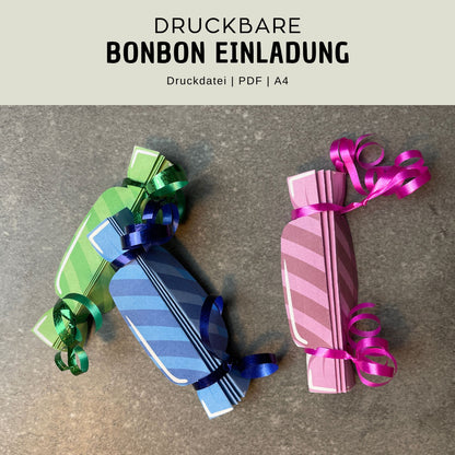 Bonbon Einladung Druckvorlage zum Basteln DIY bunte Süßigkeiten