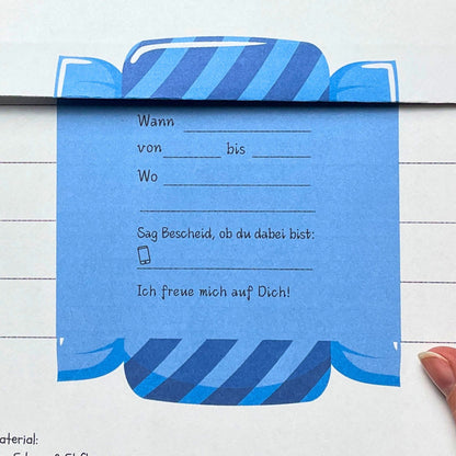 Druckvorlage Bonbon Einladung blaue Süßigkeit. Druckvorlage zum Falten.