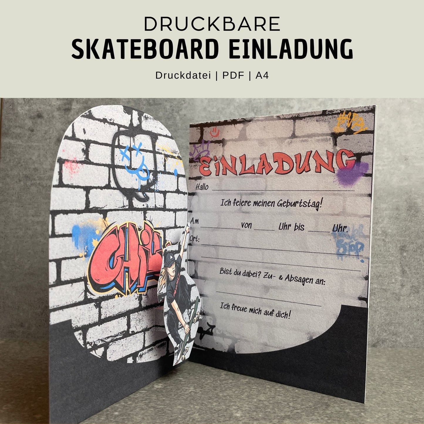 Druckvorlage Skateboard Einladung