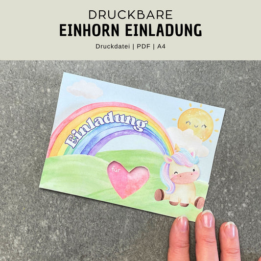 Einhorn Einladung zum Kindergeburtstag Druckvorlage Titelbild Ansicht vorne