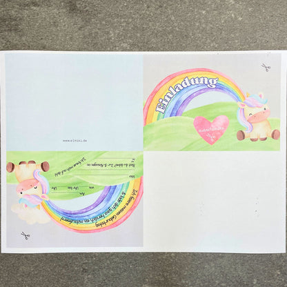 Einhorn Einladung Druckvorlage für DINA4 doppelseitig bedruckt zum Falten