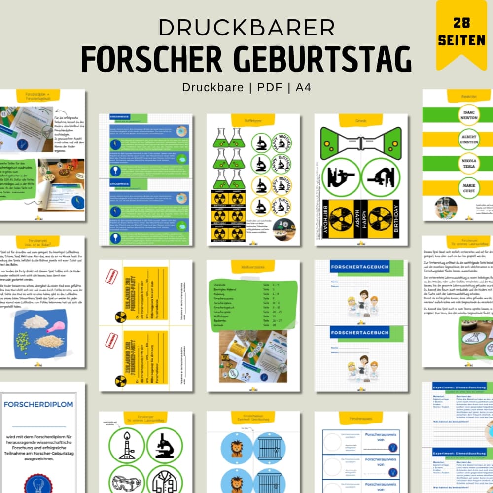 Forscher Geburtstag aus dem Drucker Übersicht über enthaltene Dateien in der PDF