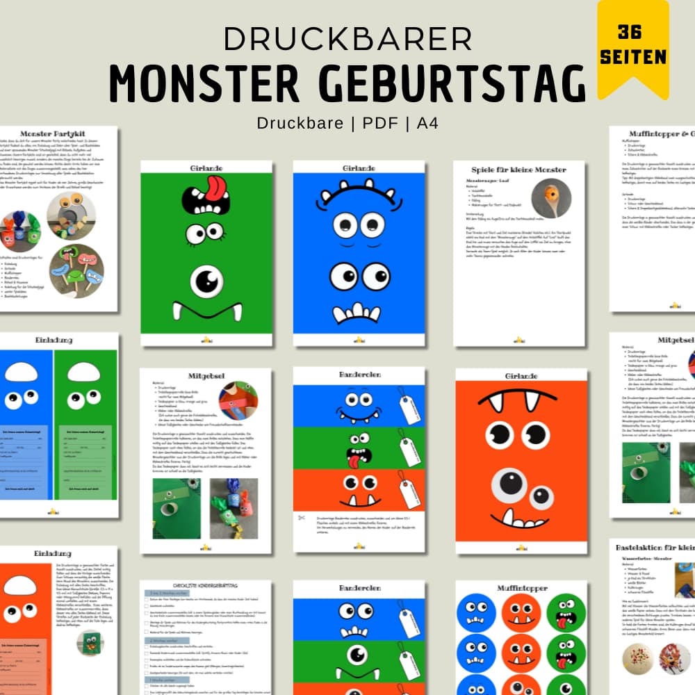 Monster Kindergeburtstag Party Set – Zum Ausdrucken und Monster-Spaß haben - Übersicht PDF