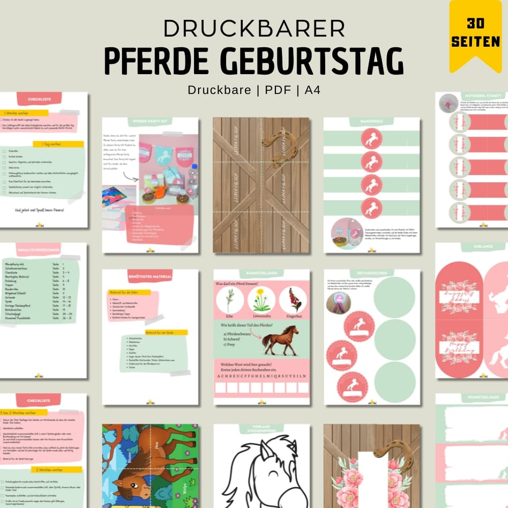 Pferde Kindergeburtstag Party Set – Zum Ausdrucken und Galoppieren - Übersicht PDF