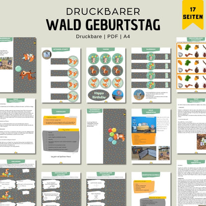 Wald Party Set für Kinder | Einladung, Deko, Spiele und Schnitzeljagd | Sofort-Download  Einladung Kindergeburtstag PDF Übersicht