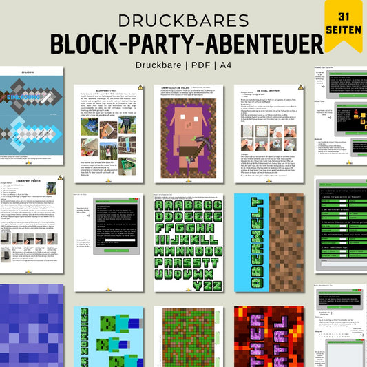 Block Party Kit – Minecraft Party Set zum Ausdrucken mit Rätseln und Einladung