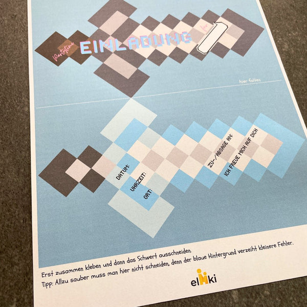 Pixel Schwert Einladung ausgedruckt – Gaming Geburtstag Einladung zum Basteln