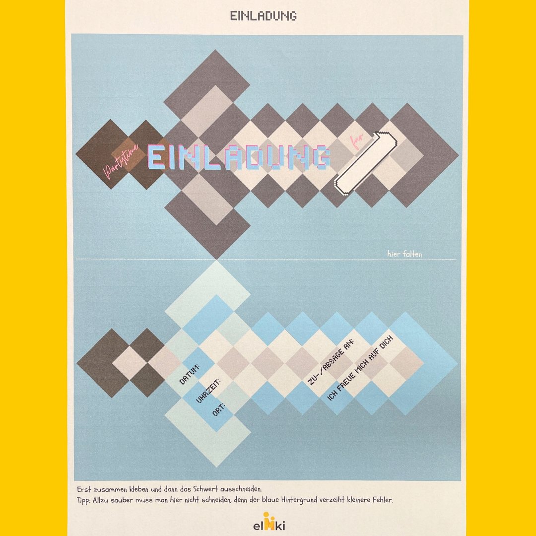 Pixel Schwert Einladung DIY – Papier Vorlage zum Ausschneiden