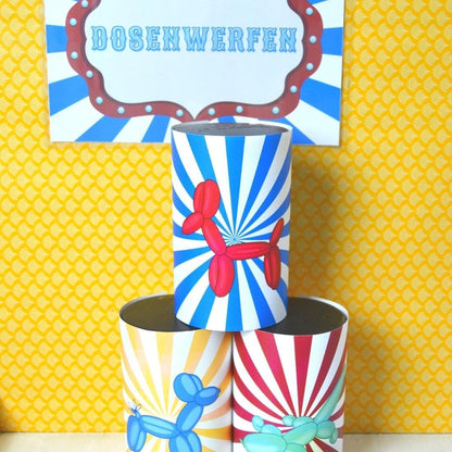 Jahrmarkt Party Set Die bunte Feier zum Ausdrucken - Dosenwerfen Banderolen und Stations-Schild